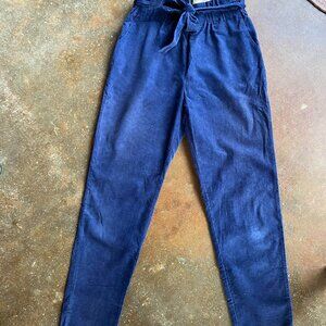 Girls navy blue cords with elastic waist ruffle tie,